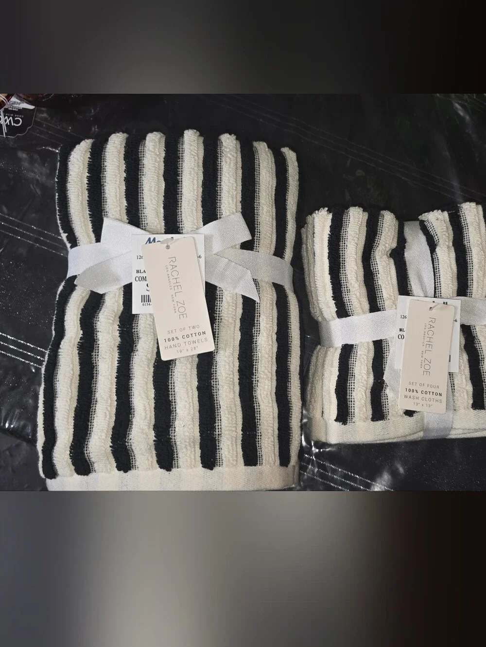 RACHEL ZOE Black & White Striped Cotton Hand Towels And Washcloths